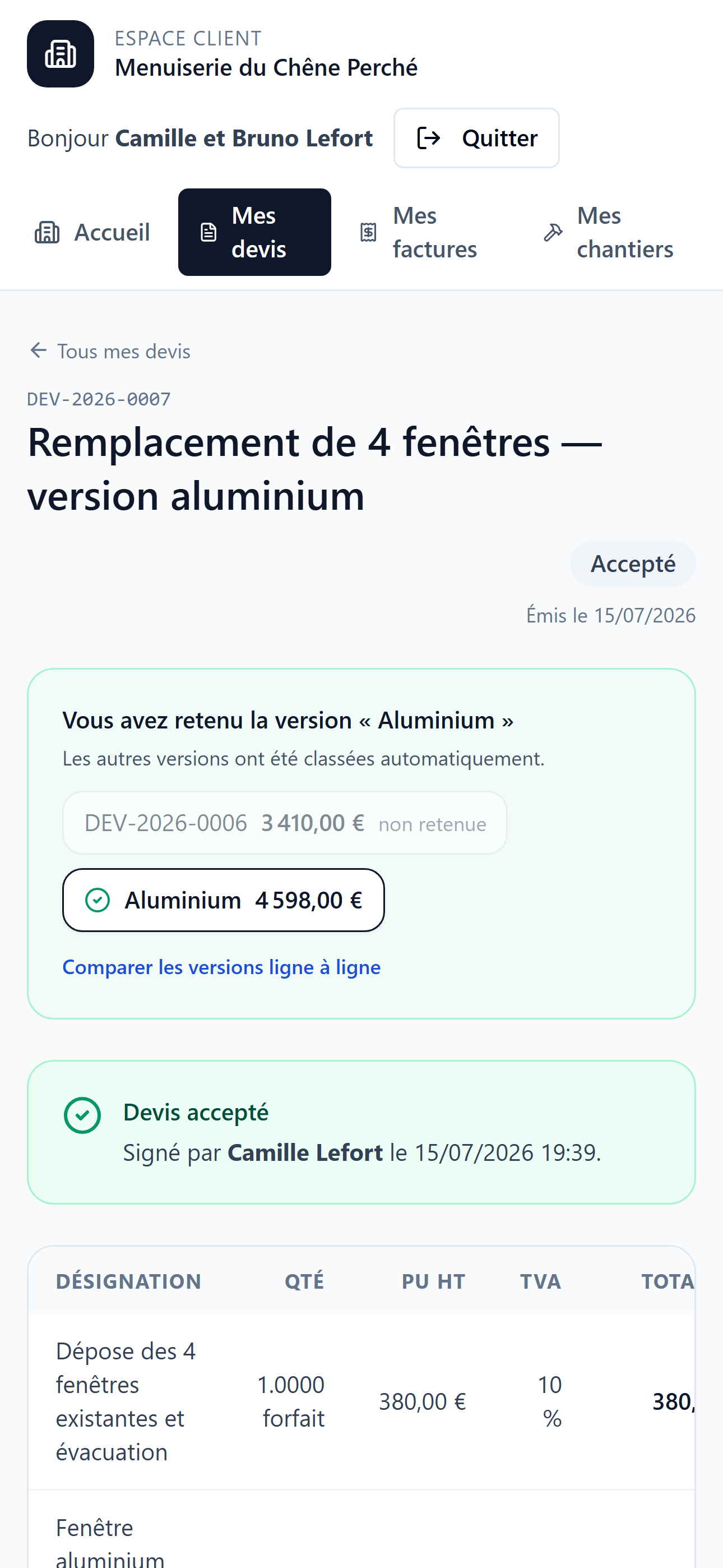 Le portail client Konstra sur mobile : il retient sa version et signe en ligne